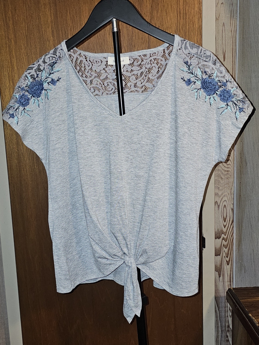 Style & Co. Light Blue V-Neck Tie-Front Top with Blue Floral Embroidery